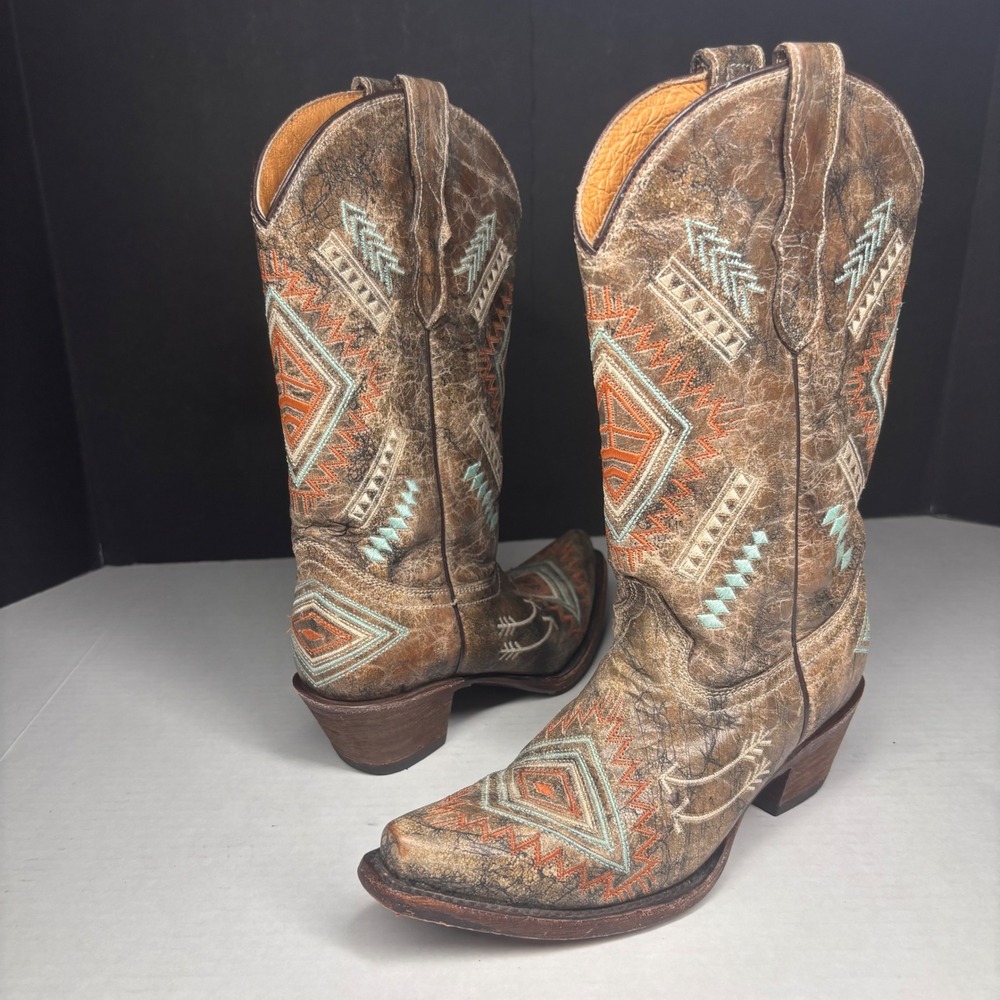 Corral Teens 2 Leather Western Boots Aztec Southwestern Embroidered F1049 GUC